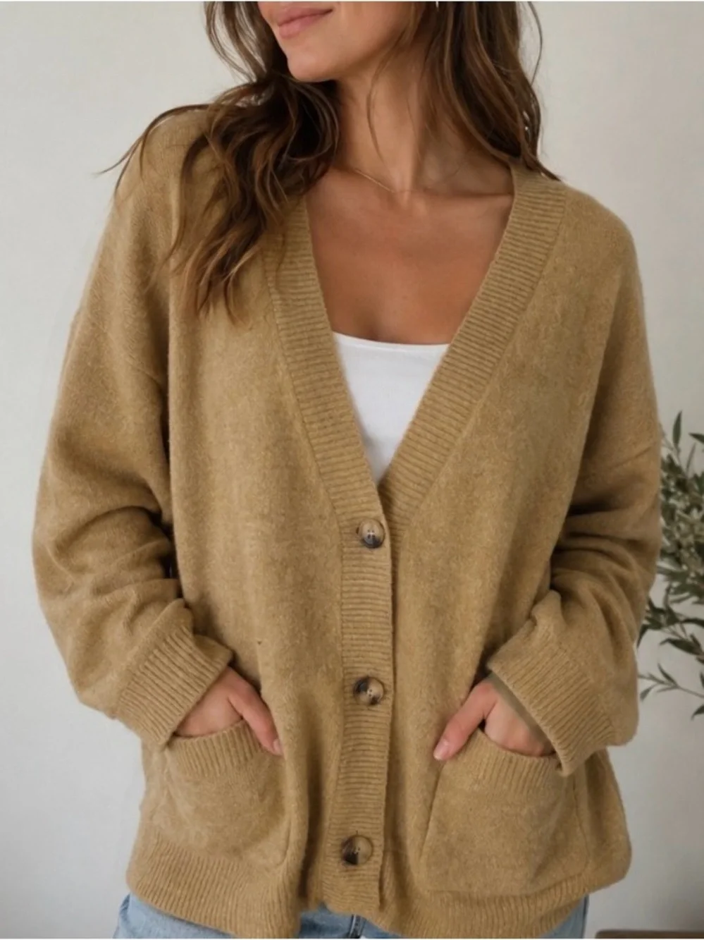 Sanctuary Camel Tan Knit Cardigan Sweater – Button Front, Pockets Size L 0224